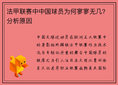 法甲联赛中中国球员为何寥寥无几？分析原因